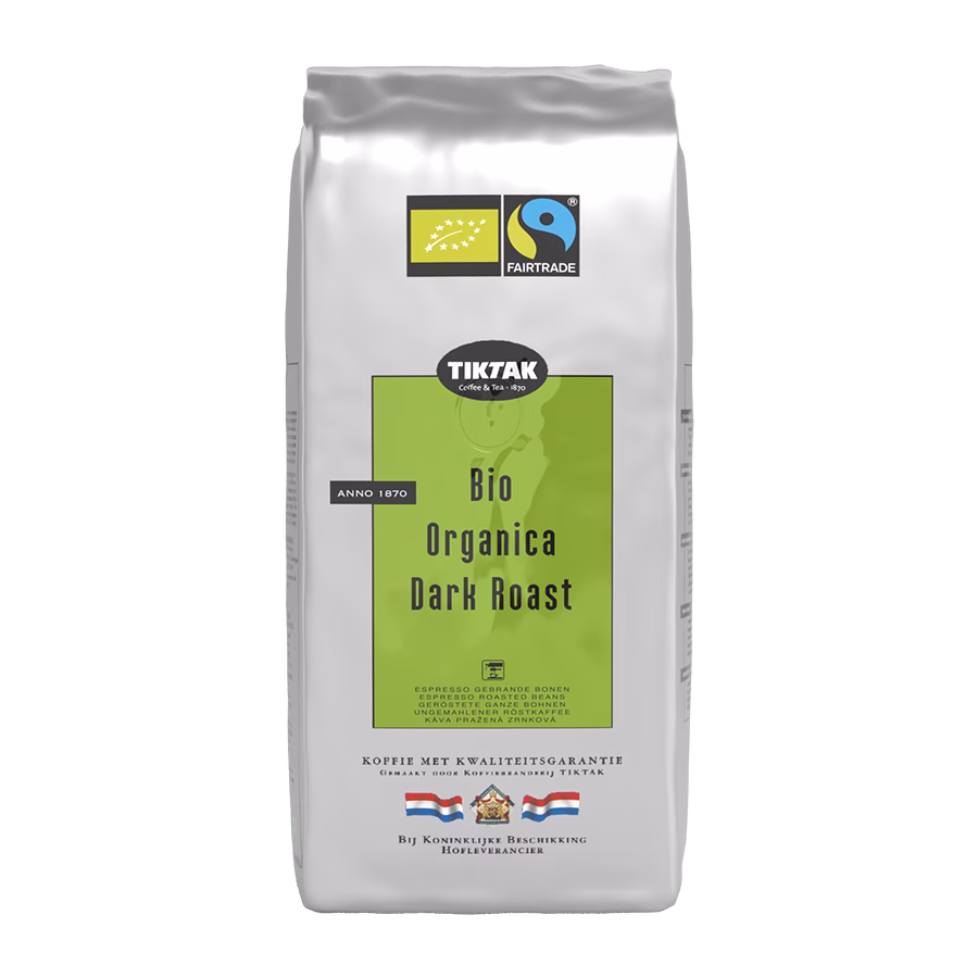 Produktbild: Kaffee TikTak Bio Organica Dark Roast ganze Bohne, 1000 g, aromaversiegelte Verpackung.