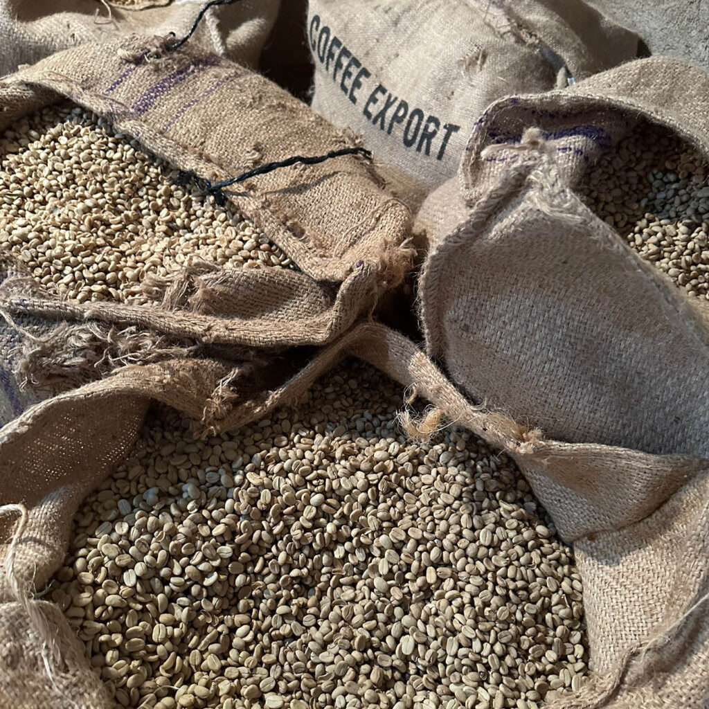 Close-Up-Foto: Rohkaffeebohnen in offenen Jutesäcken